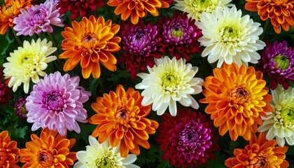 Flowers wall background with amazing red, orange, pink, purple, green and white chrysanthemum flowers background