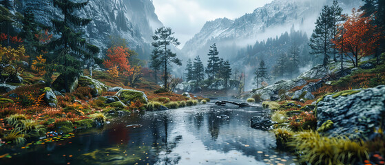 Wall Mural - Autumn Mountain Reflection: Majestic Scenery with Colorful Foliage and Misty Lakes, A Hiker Dream