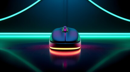 Wall Mural - A close-up of a computer mouse with a bright LED, contrasting against the minimalist backdrop of a high-gloss table.