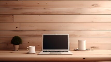 Wall Mural - A clean and organized workspace featuring a closed laptop, notepad, and a cup of coffee on a sleek wooden table.