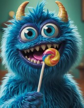 A vibrant blue furry monster with curving horns savors a colorful lollipop, showcasing a whimsical, sweet-toothed expression