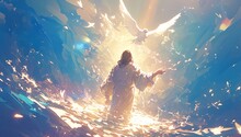 Jesus Standing In Water With His Arms Outstretched, Dove Flying Above Him