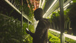A farmer using a smart phone to monitor plant growth in a large hydroponic farm, surrounded by rows of lush vegetation under artificial LED lighting, showcasing innovation in agriculture