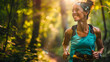 Happy  woman doing sports, running a marathon in nature, sunrise, sunset