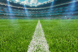 Fototapeta Sport - textured soccer game field with neon fog - center, midfield, 3D Illustration