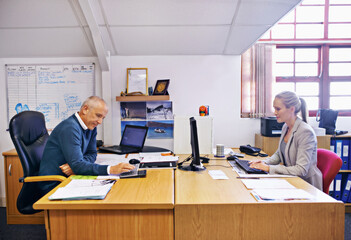 Aufkleber - Business people, computer desk and coworking with boss and office administrator typing at company. Assistant, entrepreneur and professional worker with staff and online at a startup with technology