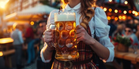 Sticker - A woman wearing an apron is holding a glass of beer