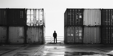 Canvas Print - A man stands in front of a row of shipping containers