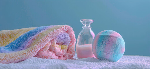 Sticker - A bottle of water and a bath bomb are on a towel