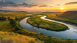 A captivating sunset view where a meandering river cuts through lush green rolling hills under a vibrant sky