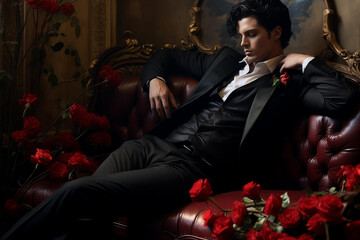 attractive male vampire in a silk black suit laying on red velvet sofa with red roses. protagonist character of a romantic fantasy novel	