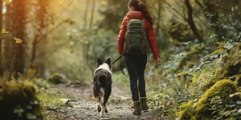 Poster - A woman is walking her dog on a trail in the woods