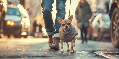 Poster - A person is walking a dog on a city street