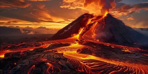 Wall Mural - A volcano with a lava flow and a sunset in the background