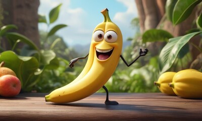 an animated banana character stands against a lush green backdrop, waving with a friendly smile. its