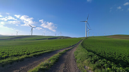 Green field and hills landscape with wind turbines in a sunny day with blue sky and puffy clouds