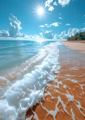 tropical sea sunlight sandy beach in the distance tropical island 