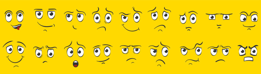 Cartoon faces. Expressive eyes and mouth, smiling, crying and surprised facial expressions of the character. Cartoon comic emotions or doodle emoticon. Set of icons isolated vector illustration.