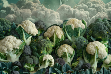 broccoli and cauliflower collage, healthy harvest, ripe heads of fresh vegetarian or vegan vegetables (2)