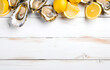 fresh oysters in shells on white plate with lemon slices on wood