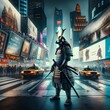 A Traditional Samurai with armor and katana standing in modern city surrounded by the hustle and bustle of modern city life and flashing neon signs.