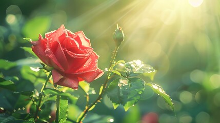 Beautiful bright red rose flower with a drop of dew water on a green juicy background. A beautiful rose in the sunlight. Generative Ai