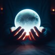 The image captures hands tenderly cradling a glowing sphere that shares a striking similarity to the moon. The dark backdrop accentuates the radiance of the orb.