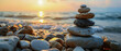 Against the backdrop of a serene sunset, harmonious stack of smooth pebbles of meditation and mindfulness, a symbol of balance and harmony with nature