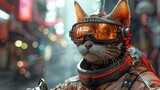 Fototapeta Przestrzenne - A futuristic scene featuring a cat dressed as an astronaut with reflective goggles, set against a neon-lit urban backdrop.