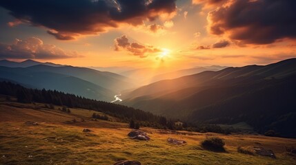 Wall Mural - Majestic sunset in the mountains landscape. Dramatic sky.