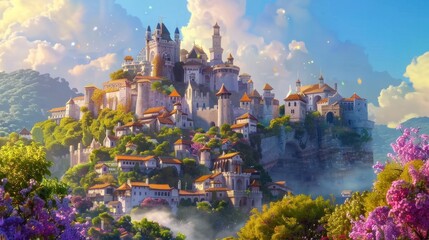 Wall Mural - Vibrant animation brings a majestic fortress and fantasy skyline to life.