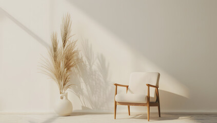 Wall Mural - soft armchair and a vase with dry grass in empty room in morning light, minimalist modern living room interior background, scandinavian style, empty wall mockup