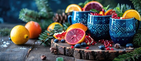 Sticker - Decorative blue glasses hold mulled wine. Assorted fruits like orange, grapefruit, lemon, pomegranate, and mint add vibrant colors. Spruce branches and a wooden material provide a side view decoration