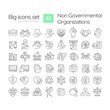 Non governmental organization linear icons set. Human rights. Nonprofit organization. Community service. Customizable thin line symbols. Isolated vector outline illustrations. Editable stroke