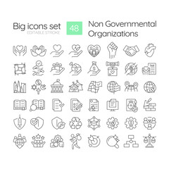 Poster - Non governmental organization linear icons set. Human rights. Nonprofit organization. Community service. Customizable thin line symbols. Isolated vector outline illustrations. Editable stroke