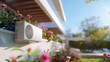 air source heat pump unit installed outdoors at a modern home