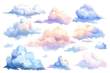 Wall Mural - Watercolor pastel colors clouds illustrations collection isolated on white