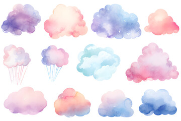 Wall Mural - Watercolor pastel colors clouds illustrations collection isolated on white