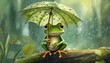 雨の日に傘をさしている緑色のカエル