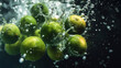 A bunch of ripe limes, with water droplets, falling into a deep black water tank, creating a colorful contrast and intricate splash patterns. underwater photography, 
