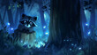 A raccoon is sitting on a log in a forest at night
