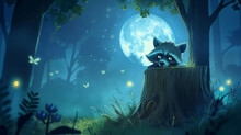 A Raccoon Is Sitting In A Tree Stump In A Forest At Night