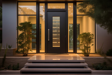 Wall Mural - Modern Dark Wood Exterior Door With Glass Panel and Sidelights