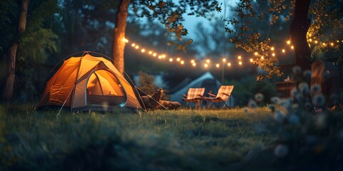 Canvas Print - Backyard Tent Under Twinkling Lights Offers Peaceful Retreat in Serene Forest Landscape