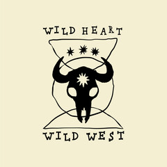 Buffalo skull head design print element, wild heart wild west quote