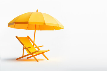 Wall Mural - Yellow sun lounger with sun umbrella, minimal 3d style, white background. Summer travel and holidays