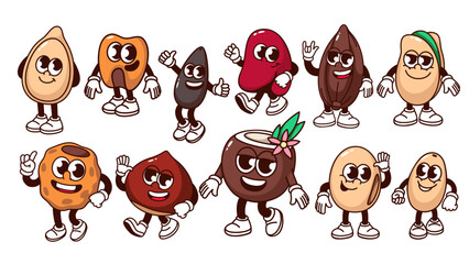 Groovy cartoon nut, bean and seed characters set. Funny retro cheerful mascots, cartoon sticker of cashew peanut coconut pistachio chufa chestnut soybean pine nut 70s 80s style vector illustration