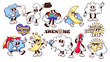 © setory - Groovy cartoon weather characters and stickers set. Funny retro rain clouds with blowing wind and raindrops, moon, sun. Weather forecast mascots, cartoon stickers of 70s 80s style vector illustration