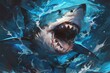 A dramatic digital art of an aggressive shark with its mouth open