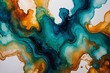 abstract watercolor teal and orange color paint flow on white background